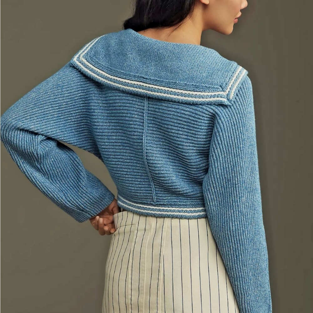 Maeve by Anthropologie Curved-Hem Sailor Collar Cardigan Blue Size M - Picture 2 of 13